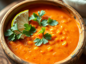 A stunning, high-quality hero shot of the finished "A Creamy Coconut Lentil Soup With Indian Spices", beautifully styled and appetizing.  A rustic bowl overflowing slightly with the soup, garnished with fresh cilantro and a lime wedge.  Bright, natural light illuminates the vibrant orange-red hue of the soup, highlighting the creamy texture.  A shallow depth of field softly blurs the background, focusing attention on the soup.