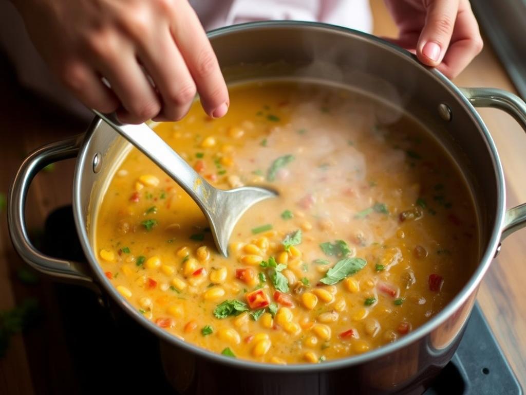 An action shot related to preparing "A Creamy Coconut Lentil Soup With Indian Spices", like hands gently stirring the soup in a large pot, with the vibrant colors of the ingredients clearly visible.  The background should be slightly blurred, focusing on the hands and the pot.  Warm, inviting lighting.