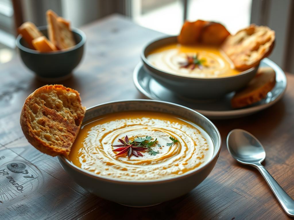 Another beautiful shot of the plated "A Creamy Coconut Lentil Soup With Indian Spices", this time showing two bowls served with crusty bread.  The bowls are positioned on a rustic wooden table, with natural light streaming in from a window, creating a warm and inviting atmosphere.  One bowl is slightly closer to the camera, allowing for a focus on the texture and color of the soup.