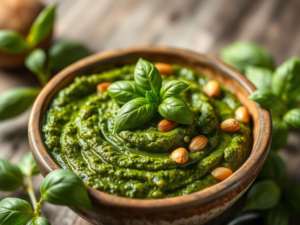 A stunning, high-quality hero shot of the finished "A Homemade Pesto Sauce With Fresh Basil", beautifully styled and appetizing.  The pesto is nestled in a rustic bowl, possibly with some toasted pine nuts scattered on top and a few fresh basil leaves as a garnish. Bright, natural lighting enhances the vibrant green color of the pesto.  The background is subtly blurred, focusing attention on the pesto.