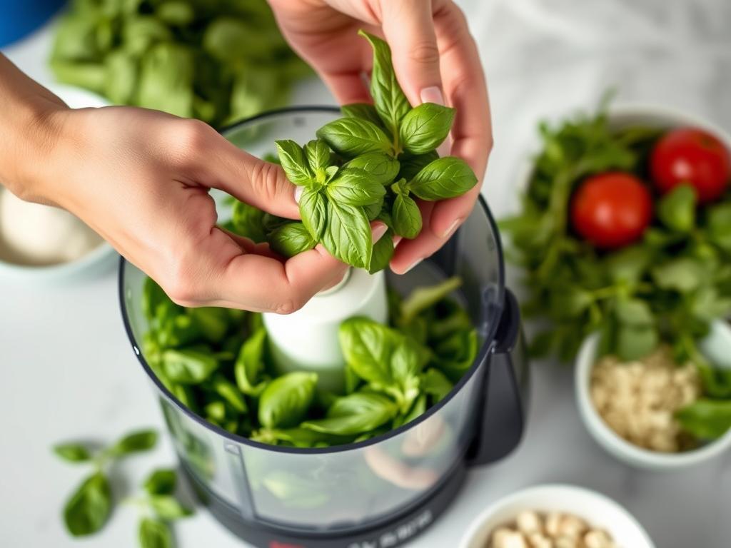 An action shot of hands adding fresh basil leaves to a food processor. The other ingredients are visible nearby, creating a sense of preparation and freshness. The lighting is bright and natural, focusing on the action of adding the basil.