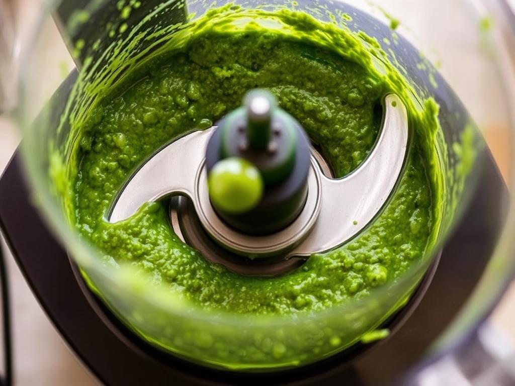 Close-up of the food processor with the pesto mixture, showing the smooth, vibrant green paste forming as the olive oil is added.