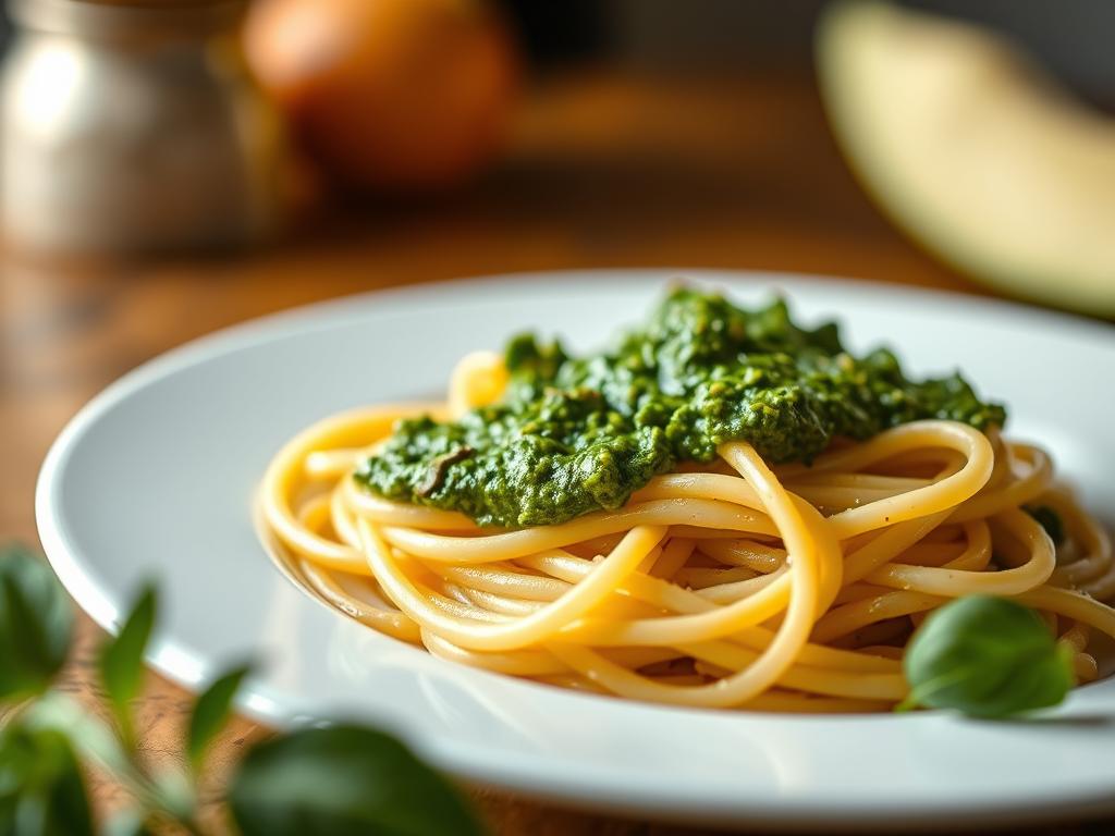 Another beautiful shot of the pesto served over pasta, showcasing the vibrant color against the pasta.  The lighting is warm and inviting, with a shallow depth of field to highlight the pesto and pasta.
