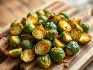 A stunning, high-quality hero shot of the finished "A Simple Way To Cook Brussels Sprouts Everyone Will Love", beautifully styled and appetizing.  Bright, natural lighting.  The sprouts are arranged artfully on a rustic wooden board, with some halved and some whole, showcasing the caramelized edges and tender insides.  A sprinkle of flaky sea salt is visible, and possibly some toasted slivered almonds or chopped pecans.  Depth of field is shallow, focusing on the sprouts in the foreground.