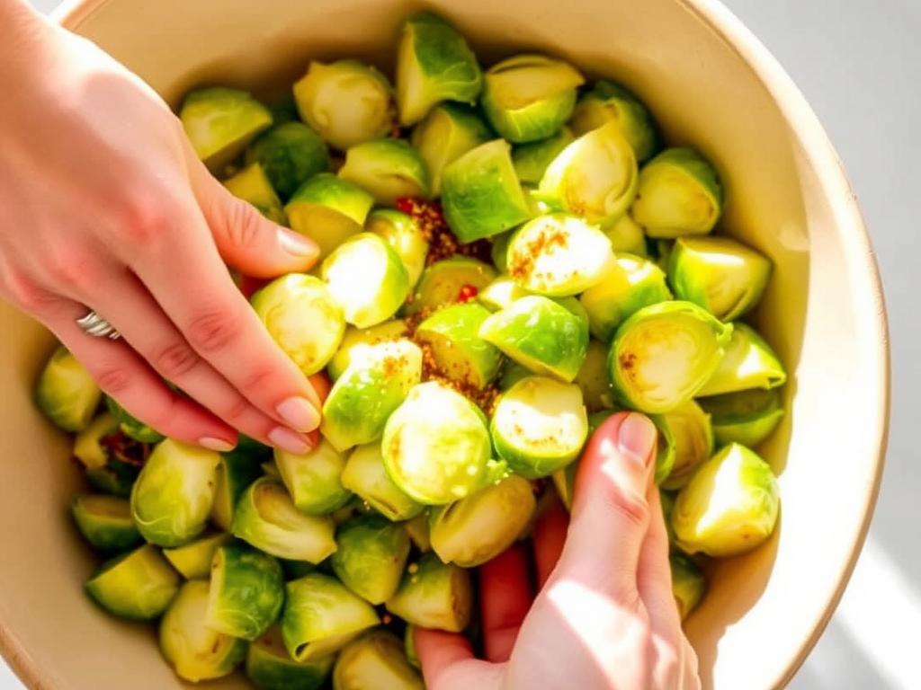 An action shot related to preparing "A Simple Way To Cook Brussels Sprouts Everyone Will Love", like ingredients being mixed. Hands are gently tossing the halved Brussels sprouts in a large bowl with olive oil and seasonings. The bowl is ceramic, and the lighting is bright and natural, highlighting the vibrant green of the sprouts and the golden hue of the olive oil.