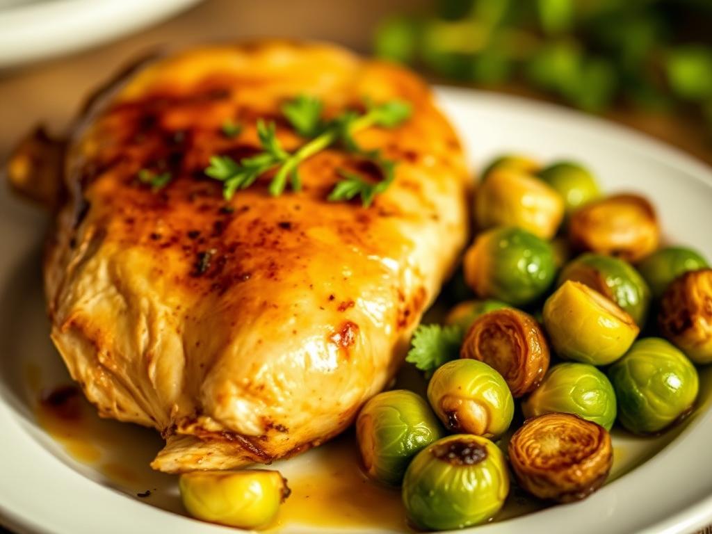 Another beautiful shot of the plated "A Simple Way To Cook Brussels Sprouts Everyone Will Love", perhaps a different angle, a serving suggestion, or a close-up on a detail.  This image could show the sprouts served alongside a piece of roasted chicken, with a garnish of fresh herbs. The lighting is warm and inviting, enhancing the overall appeal of the dish.