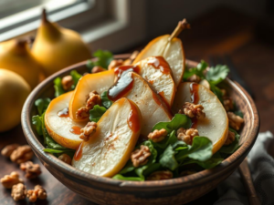 A stunning, high-quality hero shot of the finished "A Warm Pear And Walnut Salad With Balsamic Dressing", beautifully styled and appetizing. Bright, natural lighting.  The salad is served in a rustic bowl, with the pears glistening and the walnuts scattered artfully.  A drizzle of balsamic glaze adds a touch of shine.  The background is subtly blurred, focusing attention on the salad.