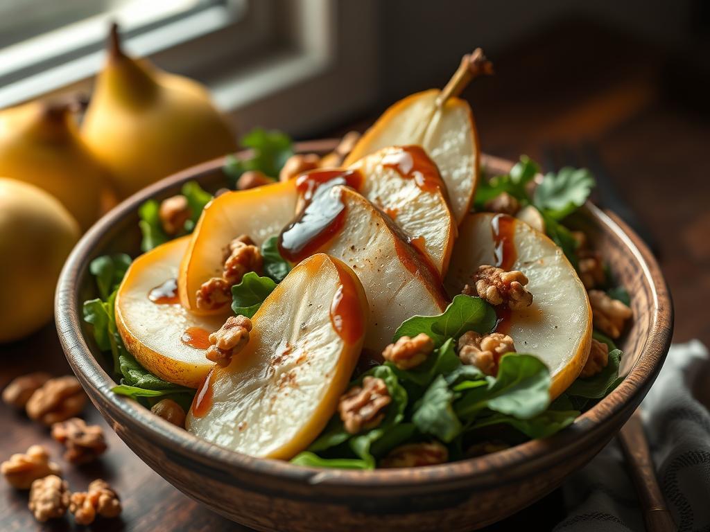 A stunning, high-quality hero shot of the finished "A Warm Pear And Walnut Salad With Balsamic Dressing", beautifully styled and appetizing. Bright, natural lighting.  The salad is served in a rustic bowl, with the pears glistening and the walnuts scattered artfully.  A drizzle of balsamic glaze adds a touch of shine.  The background is subtly blurred, focusing attention on the salad.