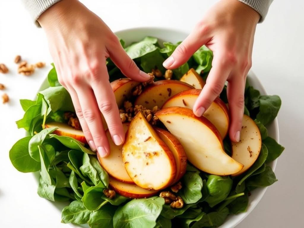 An action shot related to preparing "A Warm Pear And Walnut Salad With Balsamic Dressing", like hands gently tossing the warm pear slices with baby spinach.  The background is a clean, bright kitchen counter. The image should emphasize the natural ingredients and the process of creating the salad.
