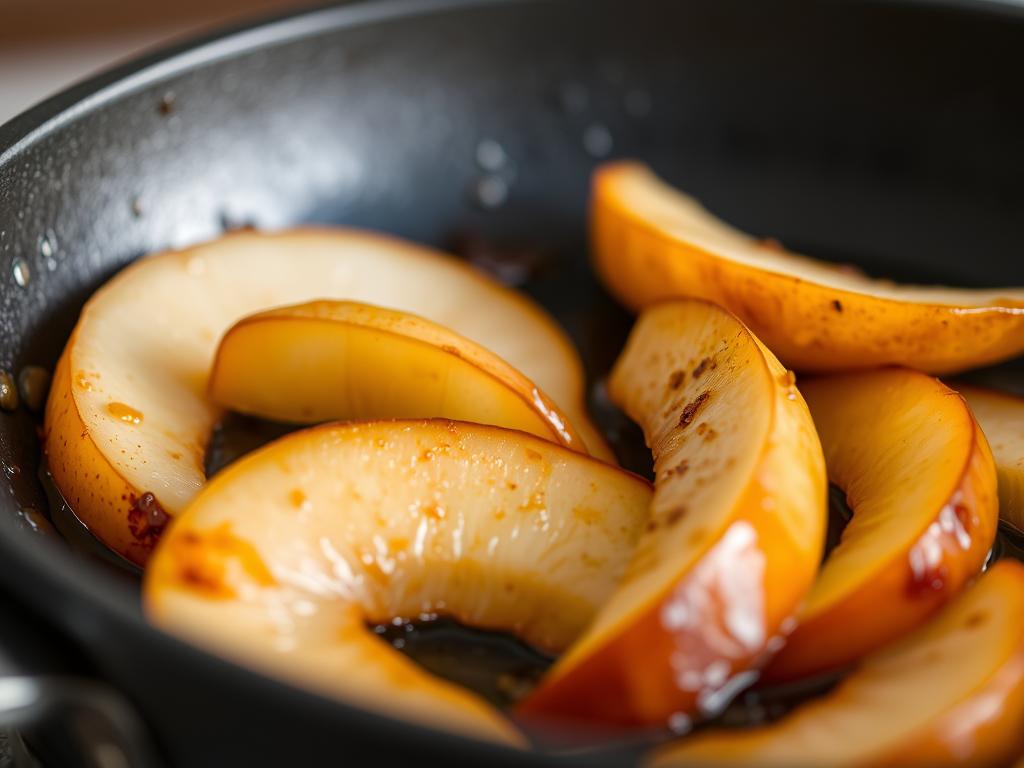 Close-up of the warm pear slices in the skillet, glistening with a light caramelisation. The focus is on the texture and color of the pears.