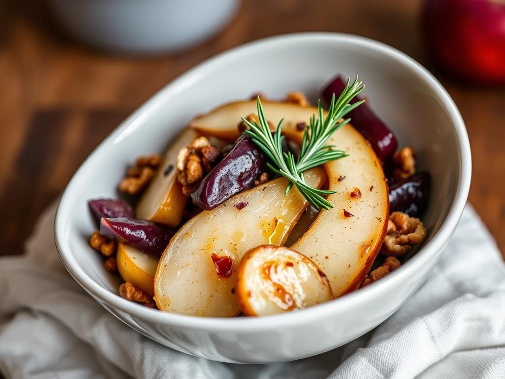 Another beautiful shot of the plated "A Warm Pear And Walnut Salad With Balsamic Dressing", this time from a slightly higher angle, showcasing the beautiful colors and textures.  The salad is served in a stylish bowl, garnished with a sprig of fresh rosemary.