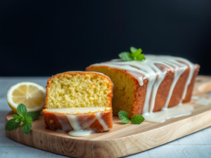 A stunning, high-quality hero shot of the finished "Baking A Classic Lemon Loaf Cake With Glaze", beautifully styled and appetizing. Bright, natural lighting.  The cake is presented on a rustic wooden board, sliced to reveal the moist crumb, with a few lemon slices and sprigs of fresh mint artfully arranged alongside.  Depth of field should be shallow, focusing on the texture of the glaze and the cake's crumb.