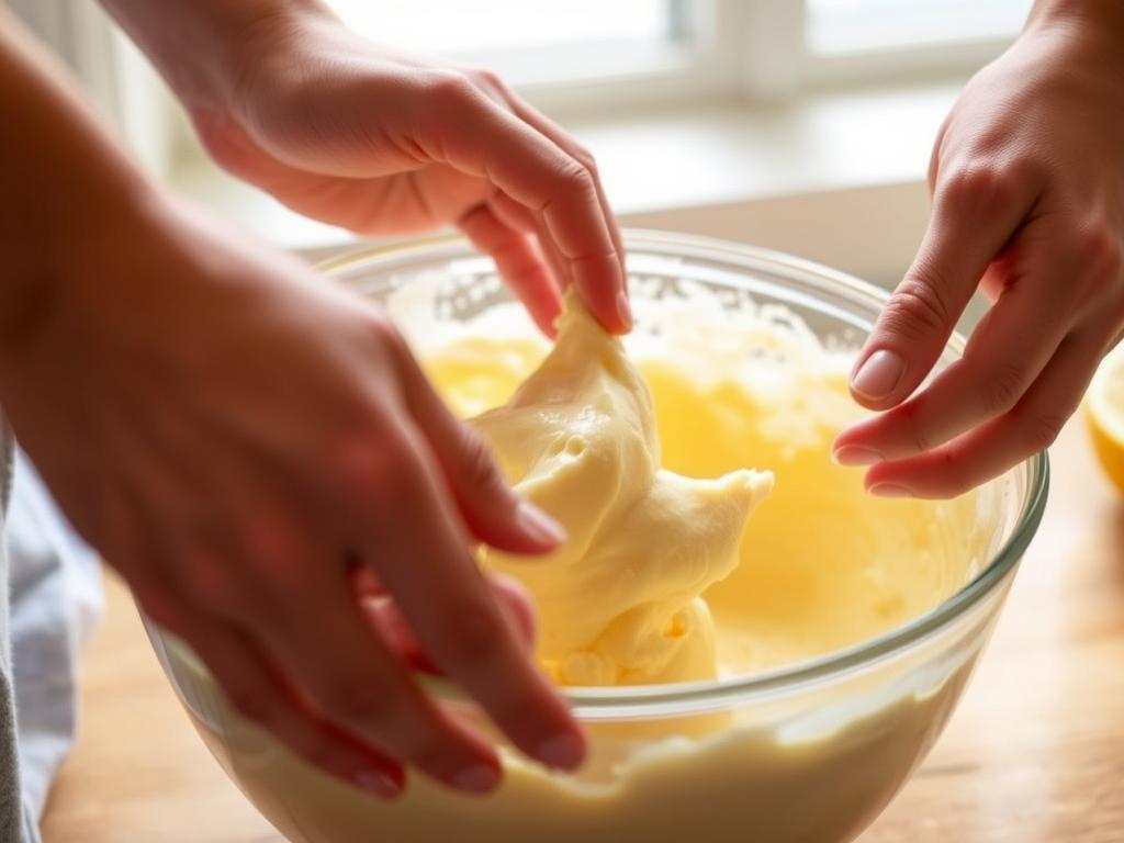An action shot related to preparing "Baking A Classic Lemon Loaf Cake With Glaze", like ingredients being mixed, dough being kneaded, or an important technique being demonstrated. Show hands if natural. Focus on the hands gently folding the batter to avoid overmixing. The bowl should be partially visible, showing the pale yellow batter and flecks of lemon zest. Natural light from a window should illuminate the scene.