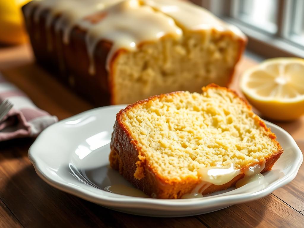 Another beautiful shot of the plated "Baking A Classic Lemon Loaf Cake With Glaze", perhaps a different angle, a serving suggestion, or a close-up on a detail.  A close-up shot focusing on a single slice of the cake, showcasing the moist crumb and the glossy lemon glaze.  Natural light should highlight the texture and color of the cake.