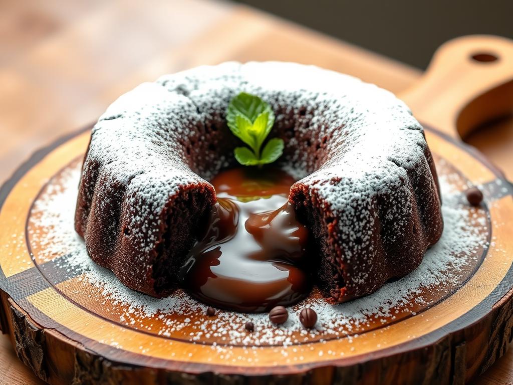 A stunning, high-quality hero shot of the finished "Baking The Perfect Chocolate Lava Cake", beautifully styled and appetizing. Bright, natural lighting.  The cake is presented on a rustic wooden board, dusted lightly with powdered sugar, with a pool of melted chocolate visible in the center. A sprig of fresh mint adds a touch of elegance. The background is blurred, drawing focus to the cake.