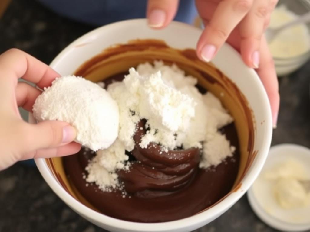 An action shot related to preparing "Baking The Perfect Chocolate Lava Cake", like ingredients being mixed, dough being kneaded, or an important technique being demonstrated. Show hands if natural. Focus on the careful folding of the flour mixture into the chocolate batter, ensuring a smooth and even consistency.