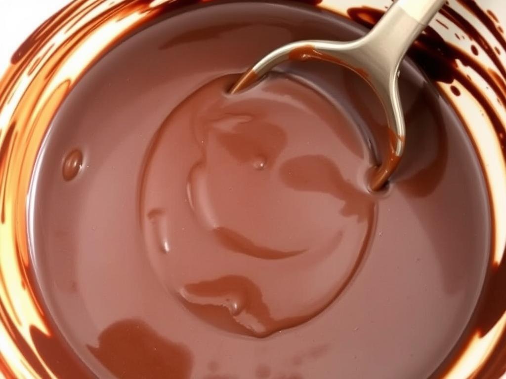 Close-up of the melted chocolate and butter mixture, smooth and glossy, in a heatproof bowl.