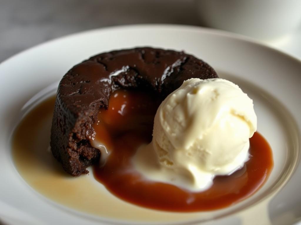 Another beautiful shot of the plated "Baking The Perfect Chocolate Lava Cake", perhaps a different angle, a serving suggestion, or a close-up on a detail. Show a beautifully plated lava cake with a scoop of vanilla ice cream melting into the warm chocolate center. The lighting is warm and inviting.