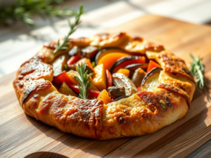 A stunning, high-quality hero shot of the finished "Building A Savory Galette With Root Vegetables", beautifully styled and appetizing. Bright, natural lighting. The galette sits on a rustic wooden board, garnished with fresh rosemary sprigs.  A shallow depth of field focuses on the golden-brown crust and vibrant vegetables peeking through.  The overall aesthetic is warm and inviting.