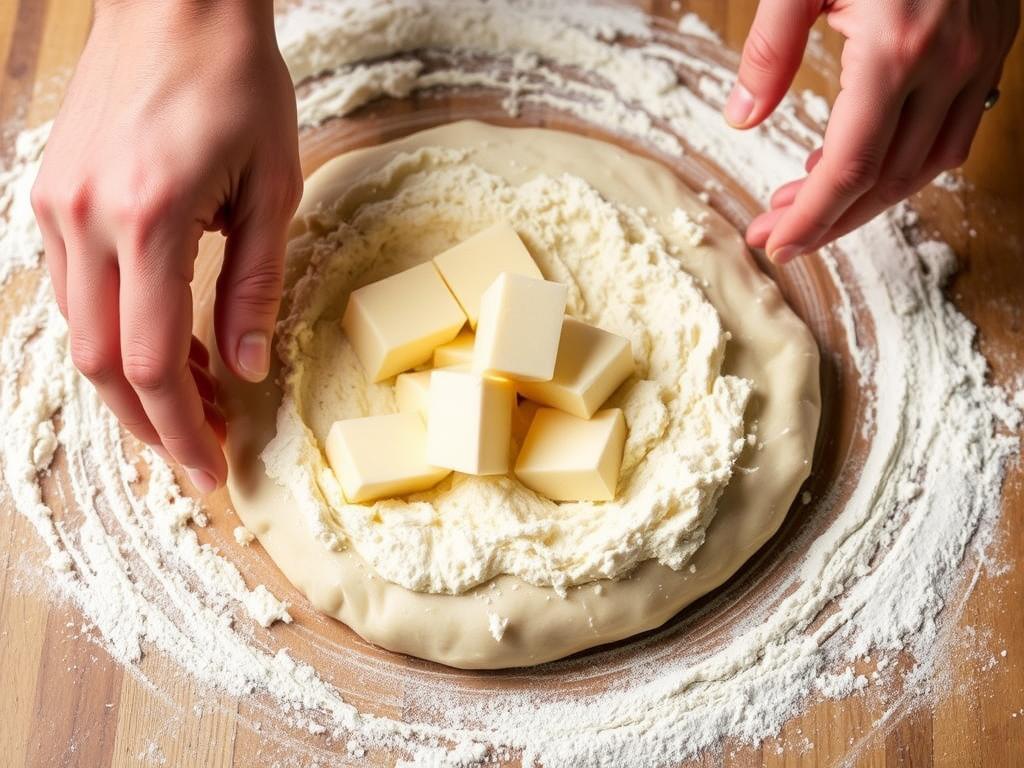 An action shot related to preparing "Building A Savory Galette With Root Vegetables", like ingredients being mixed, dough being kneaded, or an important technique being demonstrated. Show hands if natural.  Specifically, hands are gently folding the chilled butter into the flour mixture during the pastry making.  The scene is well-lit and showcases the texture of the dough.