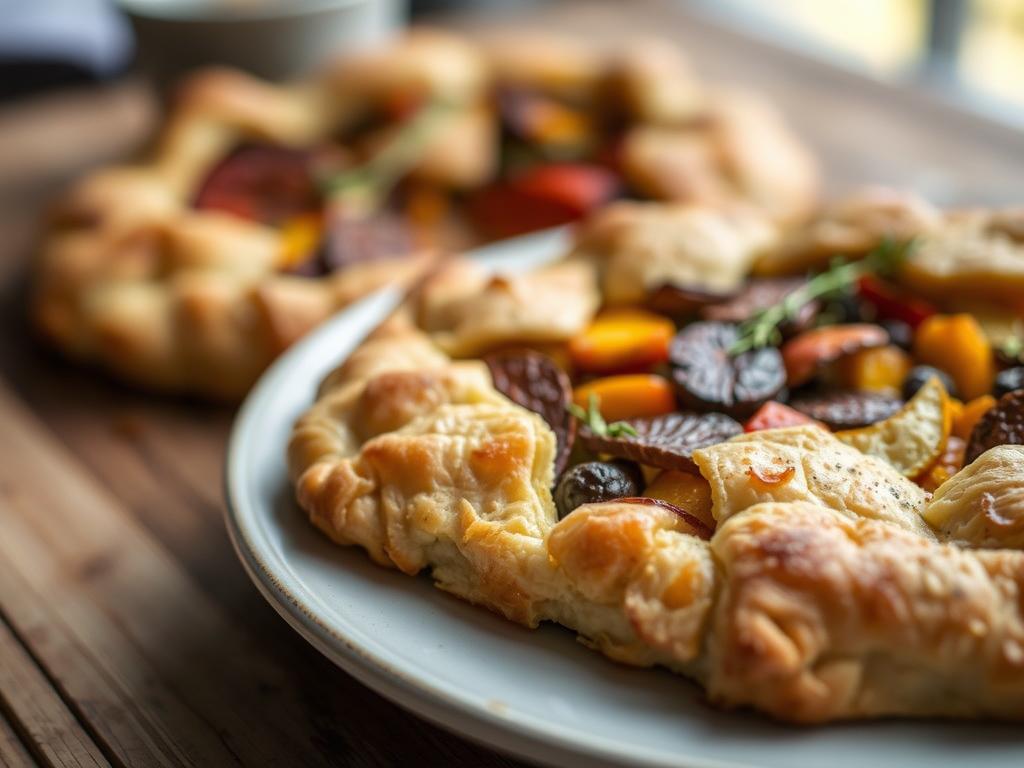 Another beautiful shot of the plated "Building A Savory Galette With Root Vegetables", perhaps a different angle, a serving suggestion, or a close-up on a detail.  A close-up shot highlighting the flaky texture of the crust and the vibrant colors of the roasted vegetables, with a shallow depth of field to blur the background.  Natural light enhances the colors and textures.