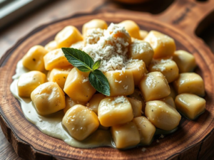 A stunning, high-quality hero shot of the finished "Cooking Gnocchi And Pairing It With A Sage Butter Sauce", beautifully styled and appetizing. Bright, natural lighting.  Gnocchi is artfully arranged on a rustic wooden platter, with a generous amount of sage butter sauce drizzled over it.  A sprinkle of freshly grated Parmesan cheese and a few fresh sage leaves are added for garnish. The background is blurred, focusing attention on the dish.  The lighting is soft and warm, emphasizing the textures and colors of the food.