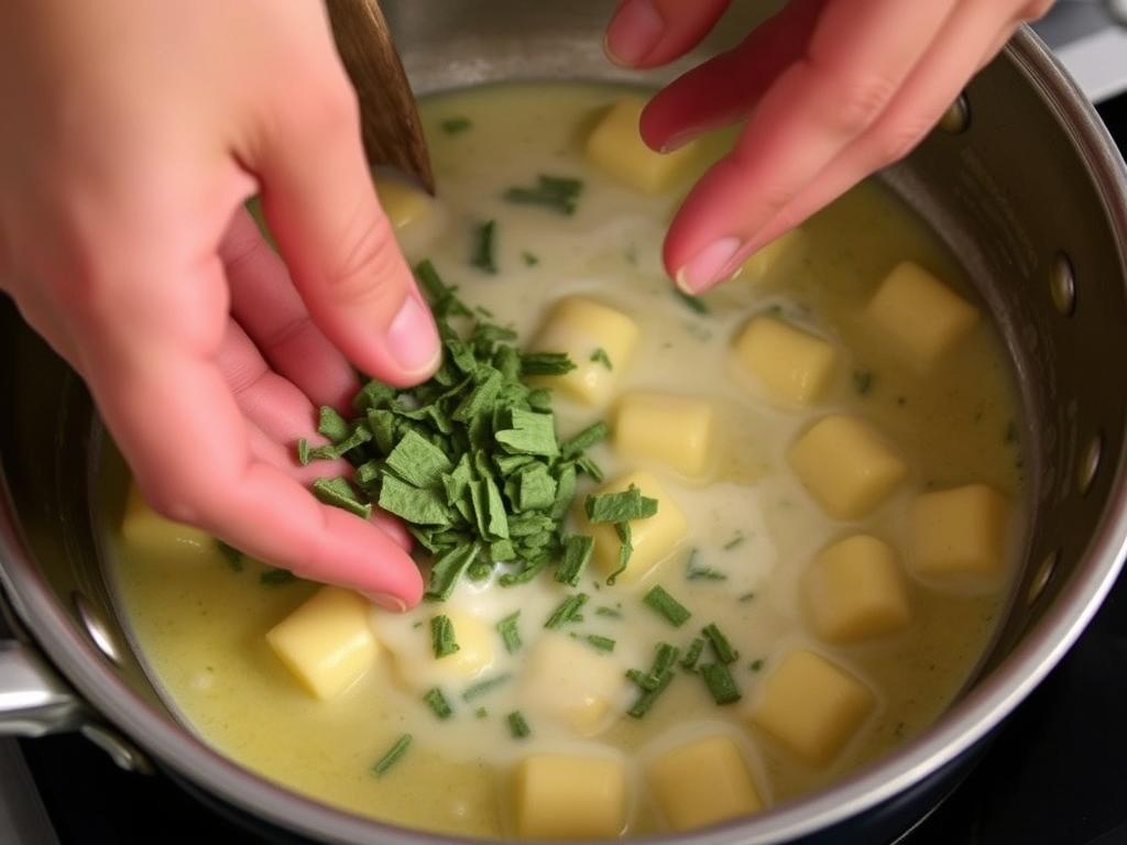 An action shot related to preparing "Cooking Gnocchi And Pairing It With A Sage Butter Sauce", like ingredients being mixed, dough being kneaded, or an important technique being demonstrated. Show hands if natural. Hands are gently stirring the sage butter sauce in a pan, incorporating the melted butter, chopped sage, and heavy cream. The pan is over medium heat, and the steam is visible. Close-up shot, focusing on the hand movements and the vibrant green of the sage.