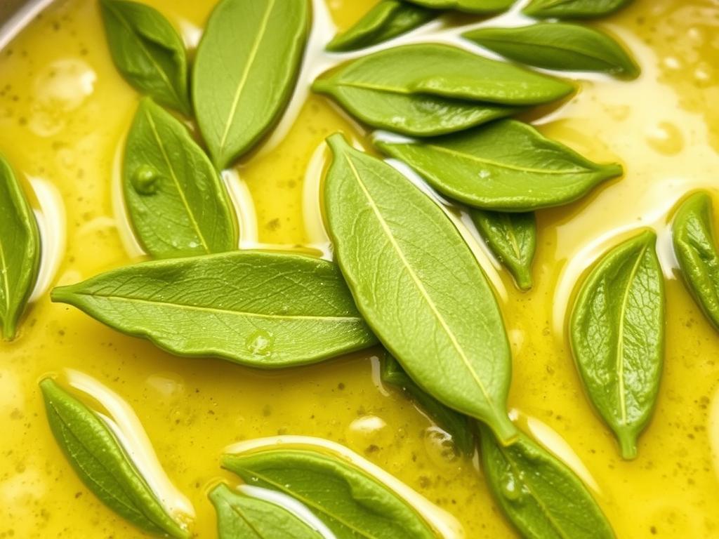 Close-up of the sage leaves gently cooking in the melted butter, releasing their fragrant aroma.  The butter is shimmering, and the sage leaves are a vibrant green.