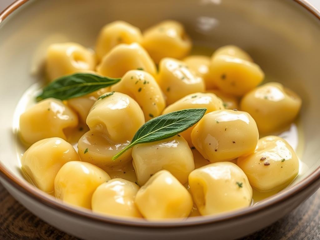 Another beautiful shot of the plated "Cooking Gnocchi And Pairing It With A Sage Butter Sauce", perhaps a different angle, a serving suggestion, or a close-up on a detail. A close-up shot showcasing the texture of the gnocchi and the richness of the sage butter sauce.  A shallow bowl is used for presentation. The lighting emphasizes the creamy texture and the vibrant green of the sage.