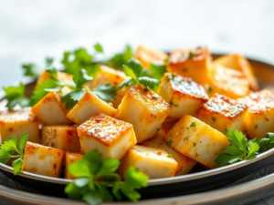 A stunning, high-quality hero shot of perfectly pan-fried tofu cubes, glistening with a light brown crust and surrounded by vibrant, fresh herbs like cilantro and basil.  Bright, natural light illuminates the scene, highlighting the textures and colors.  A shallow dish is used for presentation, and a light drizzle of sesame oil adds a touch of shine.