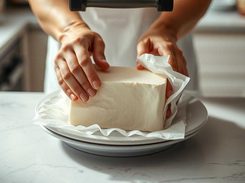 An action shot showing hands gently pressing a block of tofu wrapped in paper towels between two plates, with a heavy weight on top. The setting is a clean kitchen counter with natural lighting.