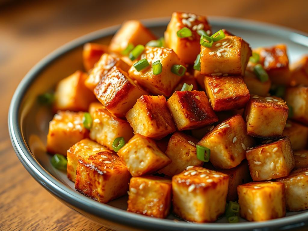 A close-up shot of a plate of perfectly cooked tofu cubes, artfully arranged, with a garnish of toasted sesame seeds and finely chopped green onions.  The lighting is warm and inviting, showcasing the crispy texture and appealing golden-brown color.