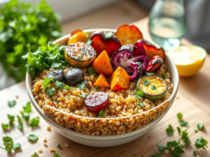 A stunning, high-quality hero shot of the finished "Creating A Balanced Grain Bowl With Roasted Vegetables", beautifully styled and appetizing. Bright, natural lighting.  The bowl is positioned slightly off-center, with a scattering of fresh herbs around it.  The vegetables are vibrantly colored and glistening, showcasing their texture.  Focus is sharp on the vegetables and grains, with a shallow depth of field blurring the background slightly.