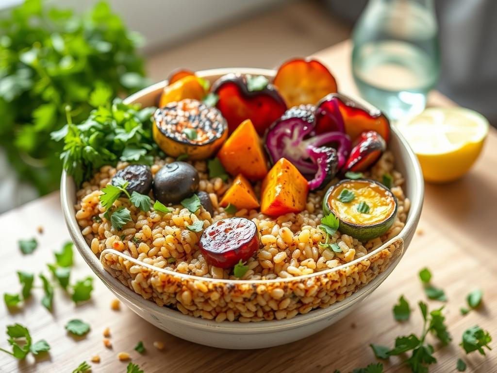 A stunning, high-quality hero shot of the finished "Creating A Balanced Grain Bowl With Roasted Vegetables", beautifully styled and appetizing. Bright, natural lighting.  The bowl is positioned slightly off-center, with a scattering of fresh herbs around it.  The vegetables are vibrantly colored and glistening, showcasing their texture.  Focus is sharp on the vegetables and grains, with a shallow depth of field blurring the background slightly.