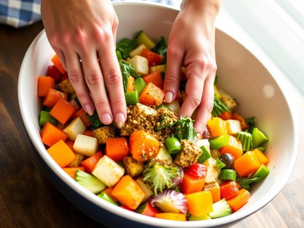 An action shot related to preparing "Creating A Balanced Grain Bowl With Roasted Vegetables", like the vegetables being tossed in olive oil and spices in a large bowl. Hands are gently mixing the vegetables, showcasing the vibrant colors and the texture of the ingredients.  The background is blurred, focusing attention on the bowl and hands.  Bright, natural lighting.