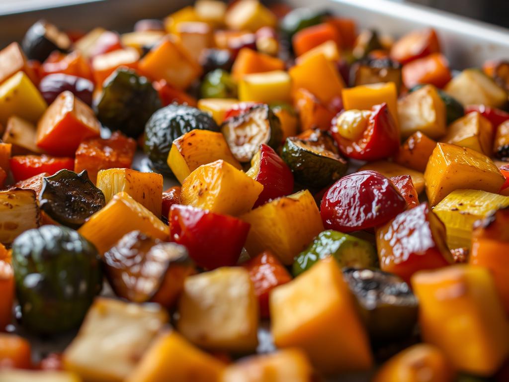 Close-up of the roasted vegetables on the baking sheet, showcasing their vibrant colors and caramelized edges.  The lighting highlights the glistening texture of the vegetables.