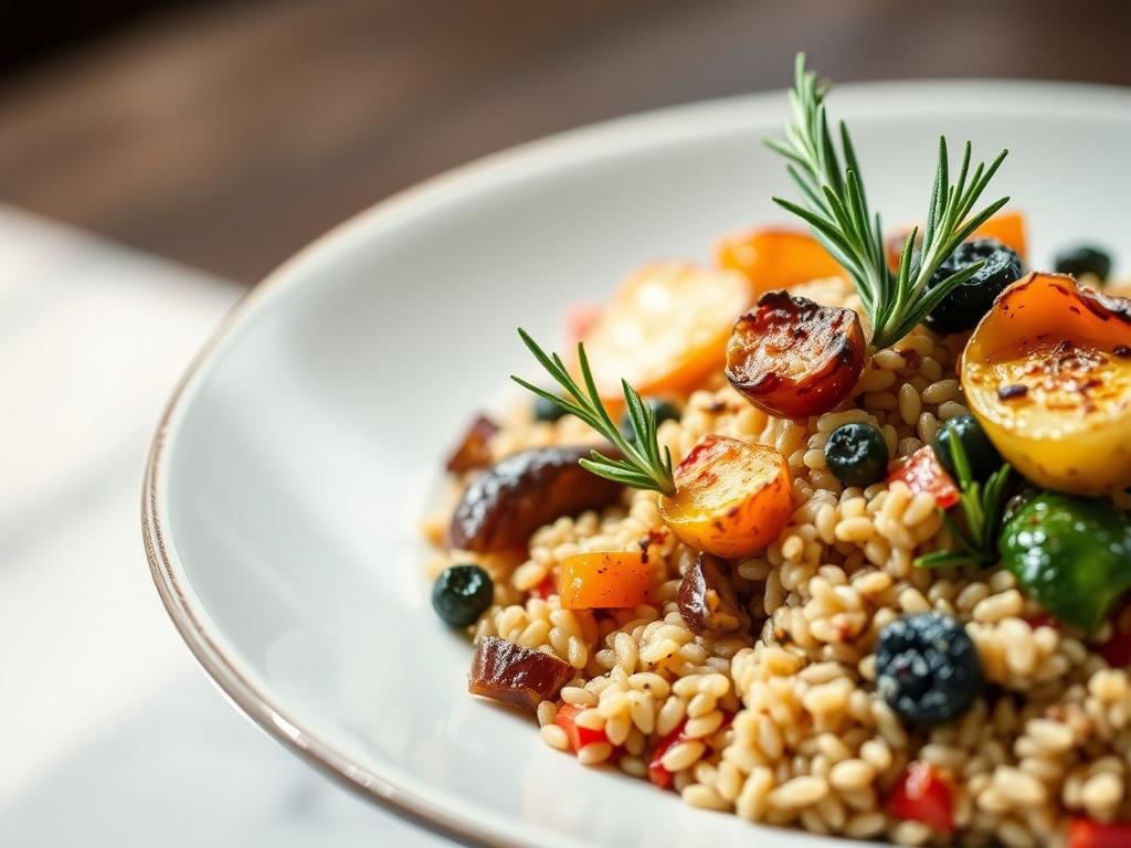 Another beautiful shot of the plated "Creating A Balanced Grain Bowl With Roasted Vegetables", this time a close-up focusing on the texture and colors of the ingredients.  The lighting is soft and natural, highlighting the details of the dish.  A small sprig of fresh rosemary is used as a garnish.