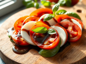 A stunning, high-quality hero shot of the finished "Creating A Classic Caprese Salad With Balsamic Glaze", beautifully styled and appetizing. Bright, natural lighting.  A rustic wooden board holds the salad, with several slices of tomato, mozzarella, and basil leaves artfully arranged. A drizzle of balsamic glaze gleams in the light, and a sprig of fresh basil rests delicately on top.  The background is softly blurred, focusing attention on the vibrant colors and textures of the salad.
