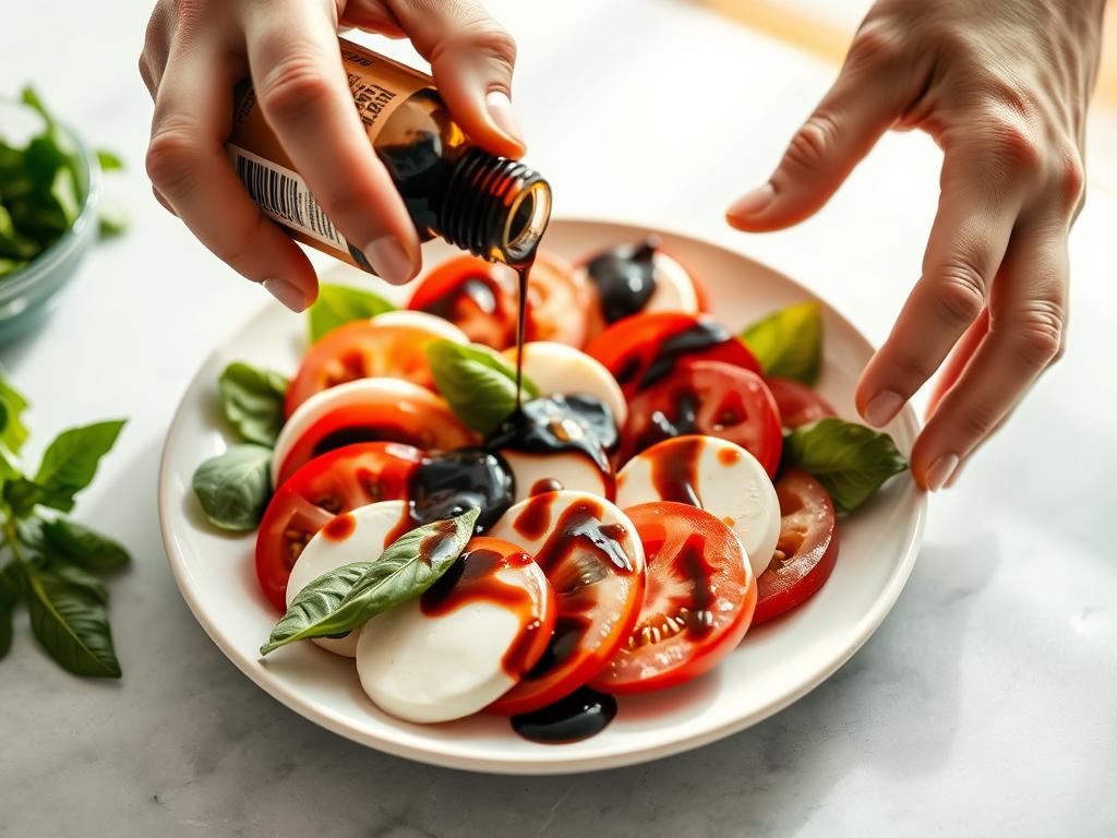 An action shot related to preparing "Creating A Classic Caprese Salad With Balsamic Glaze", like ingredients being mixed, dough being kneaded, or an important technique being demonstrated. Show hands if natural. A pair of hands are carefully arranging slices of tomato and mozzarella on a plate, alternating them with basil leaves.  The balsamic glaze is being drizzled from a small bottle, creating a visually appealing pattern. The setting is bright and airy, with natural light illuminating the scene.