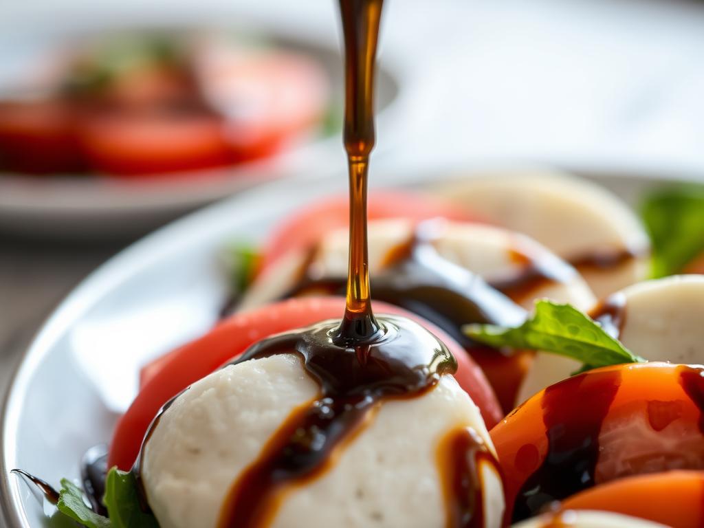 Another beautiful shot of the plated "Creating A Classic Caprese Salad With Balsamic Glaze", perhaps a different angle, a serving suggestion, or a close-up on a detail. A close-up shot focusing on the glistening balsamic glaze drizzled over the salad. The light catches the glaze, highlighting its rich, syrupy texture. The background is subtly blurred, emphasizing the detail of the glaze and its interaction with the other ingredients.