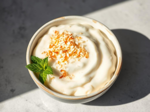 A stunning, high-quality hero shot of the finished coconut rice pudding, beautifully styled in a rustic white bowl.  The pudding is creamy and glistening, with a light dusting of toasted coconut flakes on top. Bright, natural light illuminates the scene, casting soft shadows that enhance the texture of the pudding.  A few fresh mint leaves add a pop of green to the composition.