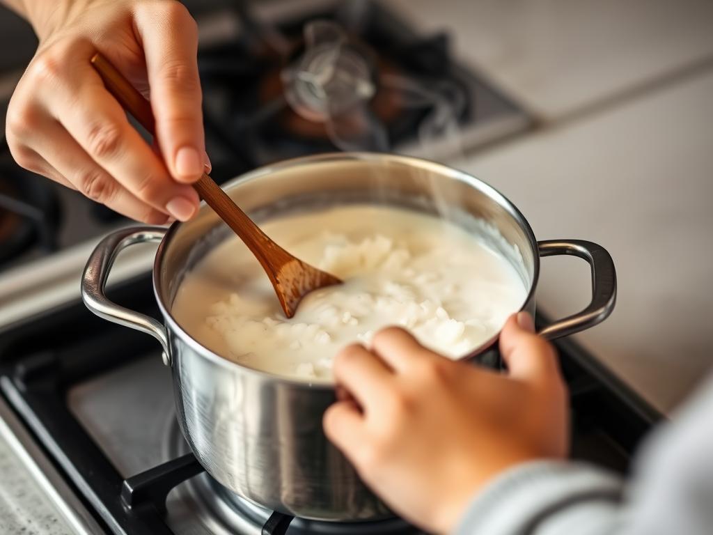 An action shot showing hands gently stirring a pot of simmering coconut rice pudding on a stovetop. The steam rising from the pot adds a sense of warmth and deliciousness. The background is slightly blurred, focusing attention on the hands and the creamy mixture in the pot.