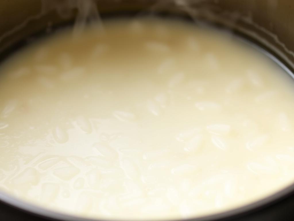 Close-up of the simmering coconut rice pudding in the saucepan, showing the creamy, milky mixture and the tiny rice grains beginning to soften. The steam rising from the pot is visible.