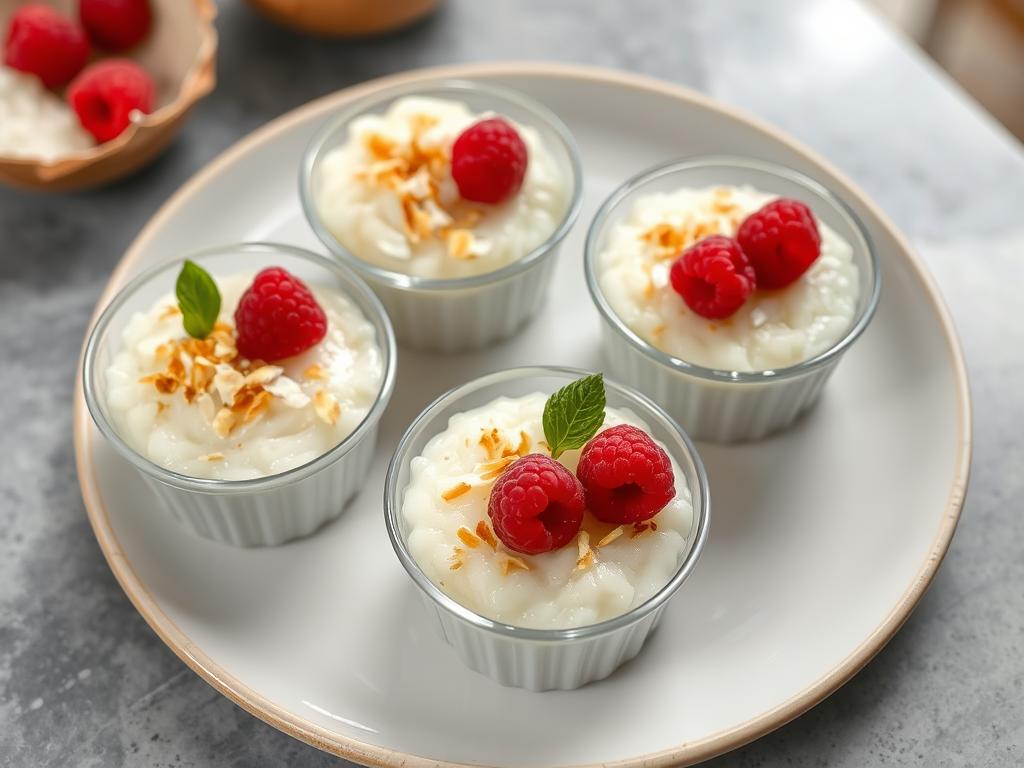 Another beautiful shot of the plated coconut rice pudding, this time served in individual small bowls, garnished with toasted coconut flakes and a few fresh raspberries. The image highlights the creamy texture and the appealing presentation.