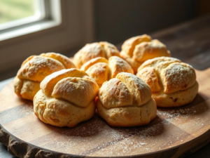 A stunning, high-quality hero shot of the finished scones, beautifully styled on a rustic wooden board.  Six golden-brown scones, slightly split to reveal a fluffy interior, are arranged artfully.  Bright, natural light streams in from the side, casting soft shadows.  A dusting of powdered sugar adds a touch of elegance.