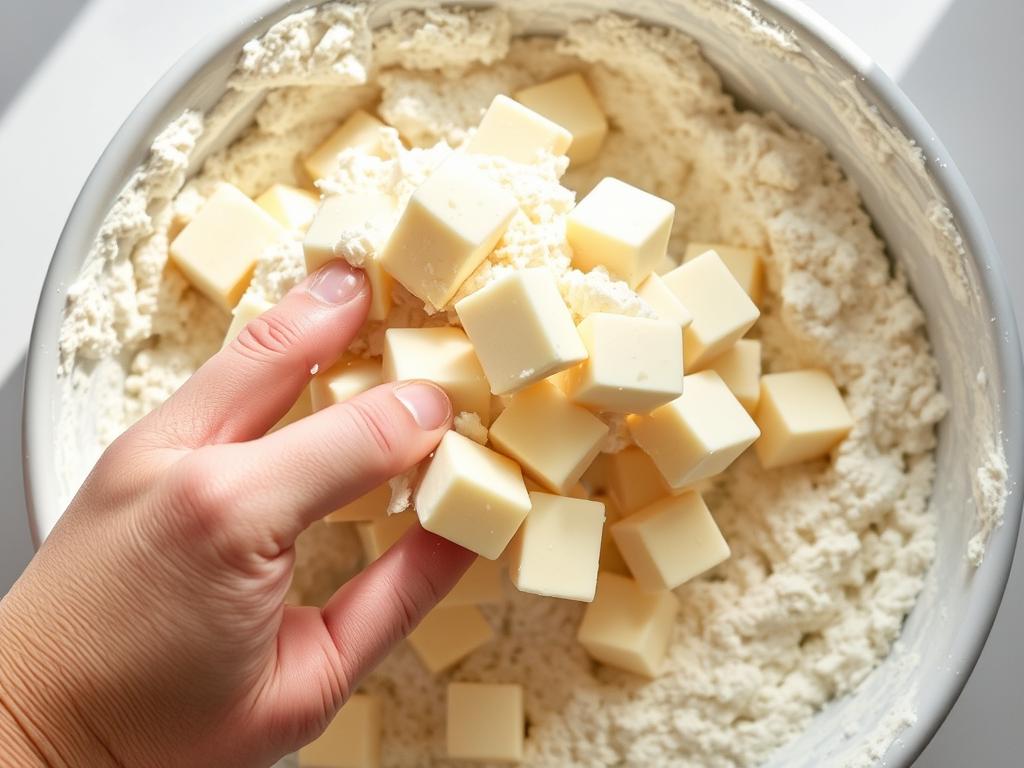 An action shot showing hands gently folding cold butter cubes into the flour mixture. The setting is bright and airy, emphasizing the light and airy nature of the dough.