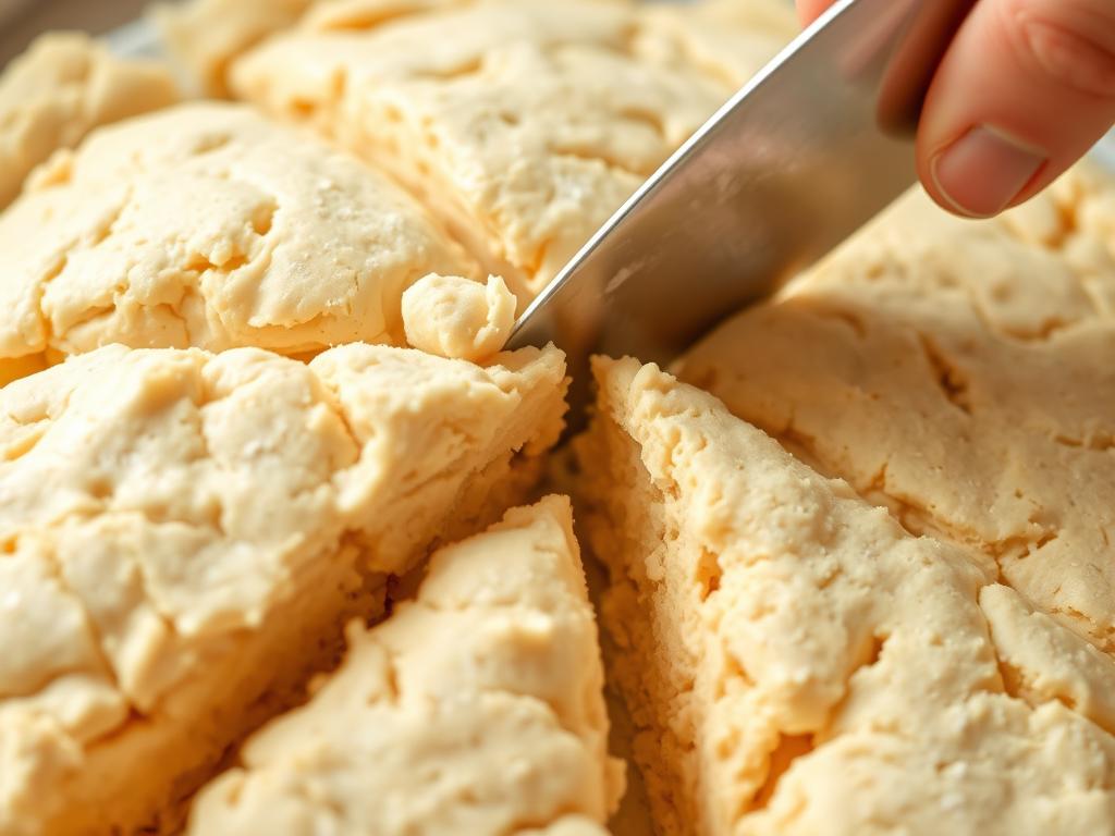 A close-up shot of the scones being cut from the dough, showcasing the flaky layers. The lighting is bright and highlights the texture of the dough.