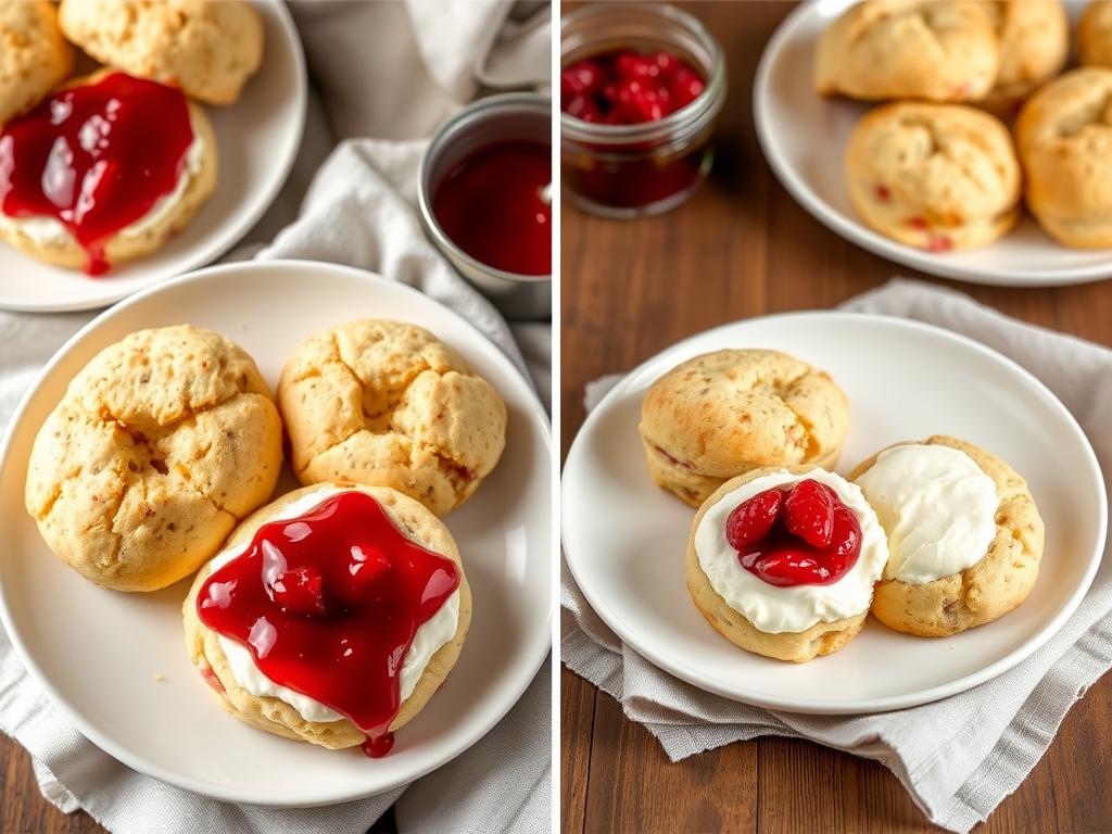 Another beautiful shot of the plated scones, this time showcasing a serving suggestion: scones served with clotted cream and strawberry jam, arranged on a white plate with a linen napkin.  The image is warm and inviting.