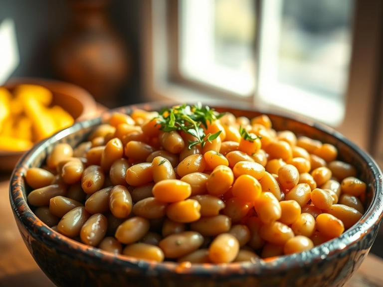 A stunning, high-quality hero shot of a rustic bowl overflowing with perfectly cooked beans, glistening with a little olive oil.  Garlicky herbs are sprinkled on top. Bright, natural light streams in from a nearby window, casting soft shadows.  The background is blurred, focusing attention on the beans.