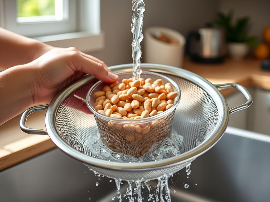 An action shot of hands gently rinsing a cup of dry beans in a fine-mesh sieve under running water. The background is a bright, airy kitchen with natural light.